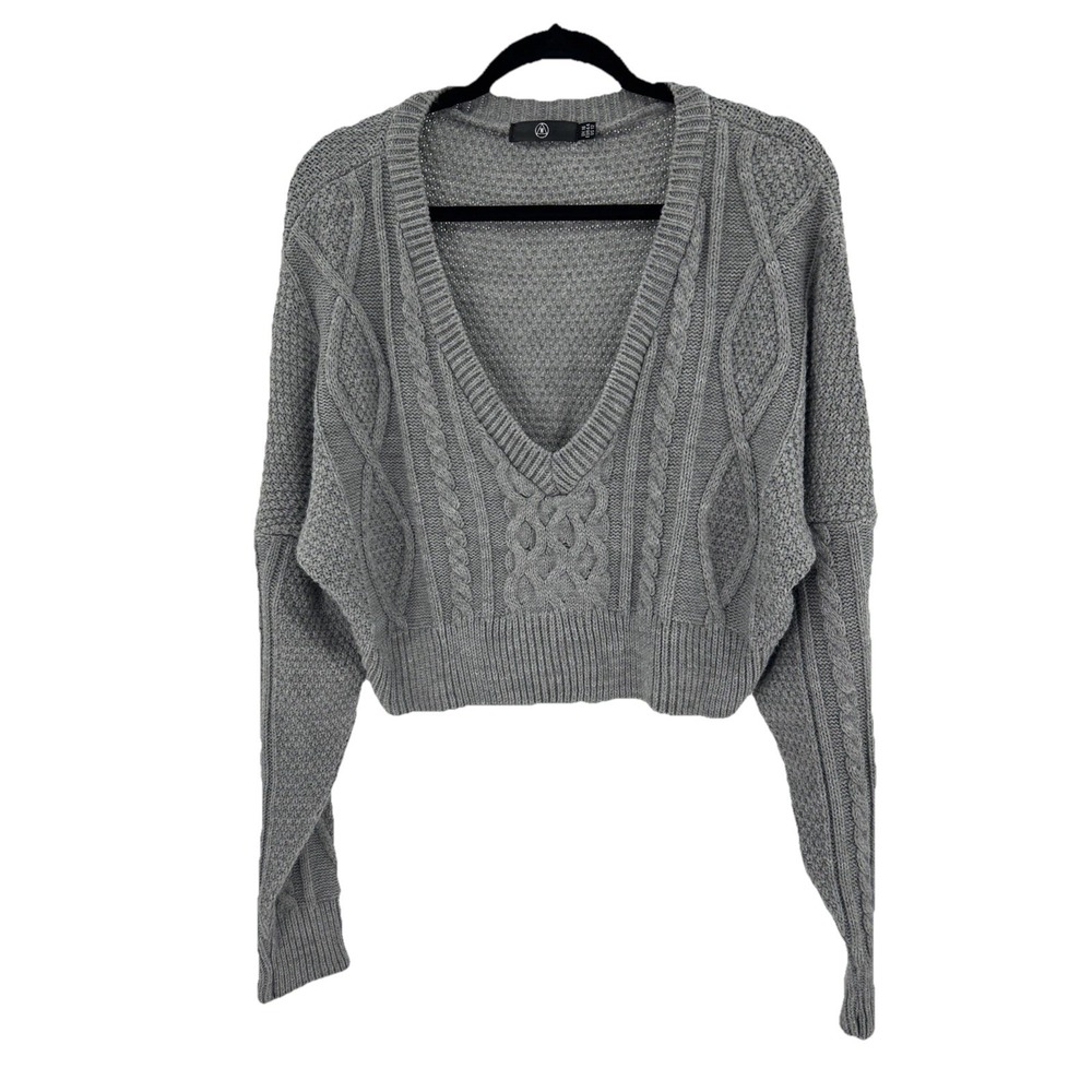 Missguided Womens Grey Cable Knit Cropped Sweater V-Neck Long Sleeve Size 12